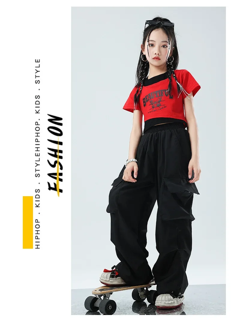 Kinder Jazz Hip Hop Tanzkostüm-Set, Mädchen Ärmelloses Crop-Top mit freiem Nabel, Haremshose, Kinder Bühnenauftritt Street Dance – Detail 3