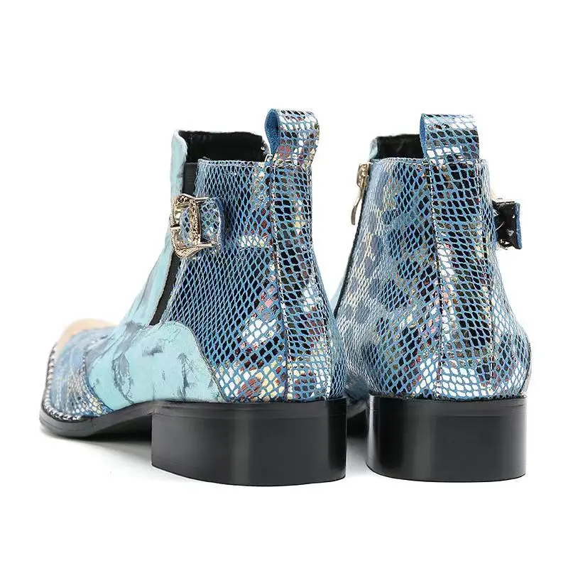 Coogerlove Punk-Stil Männer blau Echt leder Stiefel Metall quadratische Zehen Schnalle Niet Motorrad Stiefel Winter männliche Party Stiefel – Detail 18