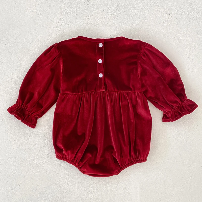 2026 Baby Mädchen Roter Samt-Strampler Langarm Weißer Spitzen-Rüschen-Body Neugeborenen Prinzessin Party Weihnachtsoutfit 0-24M – Detail 3