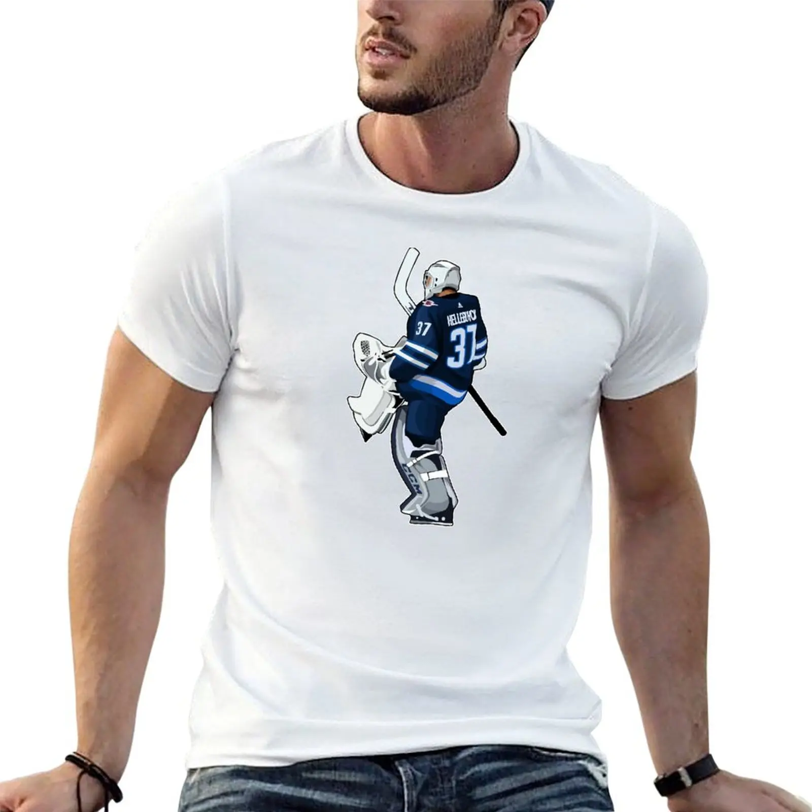Connor Hellebuyck Goaltender Celebrates T-Shirt Basic All Season Solid T-Shirt
