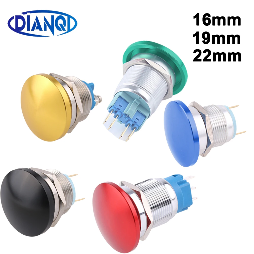 16/19/22mm Switch mushroom Metal Waterproof Alloy Push Button Momentary 1NO1NC Pin Screw terminal Latching fixed red blue green