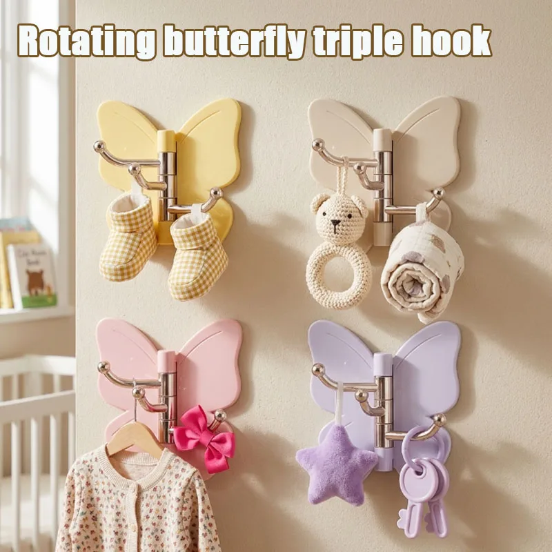 1-10PCS Triple Rotating Butterfly Hooks No Drill Strong Adhesive Wall Corner Mount for Clothes Hats Bags Entryway Storage