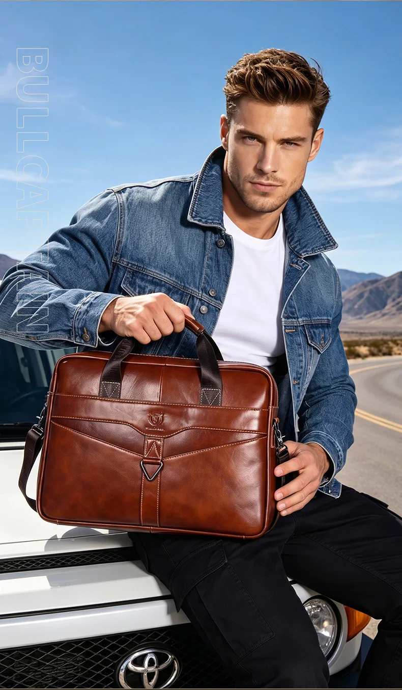 BULLCAPTAIN Men's Genuine Leather Briefcase Shoulder Bag 15 Inch Laptop Case Men's Briefcase Classic Office Business Handbag