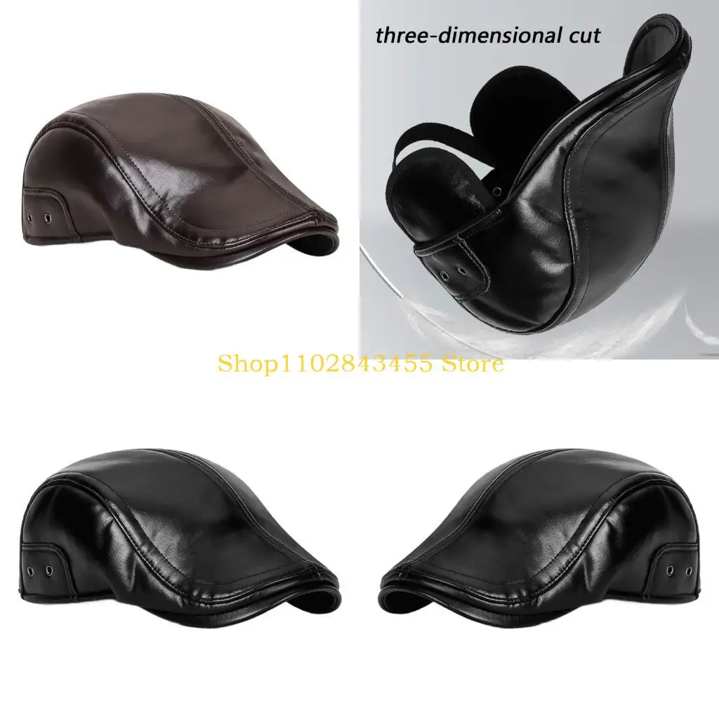 49MC Trendy PU Painter Hat PU Fashion Hat British Beret for Dating Photography Cabbie Headwear Painter Hat