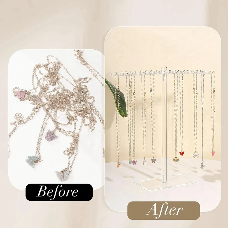 Acrylic Necklace Organizer, Clear Necklace Holder Stand, Jewelry Organizer Display Hanger Rack With Bilateral Hooks