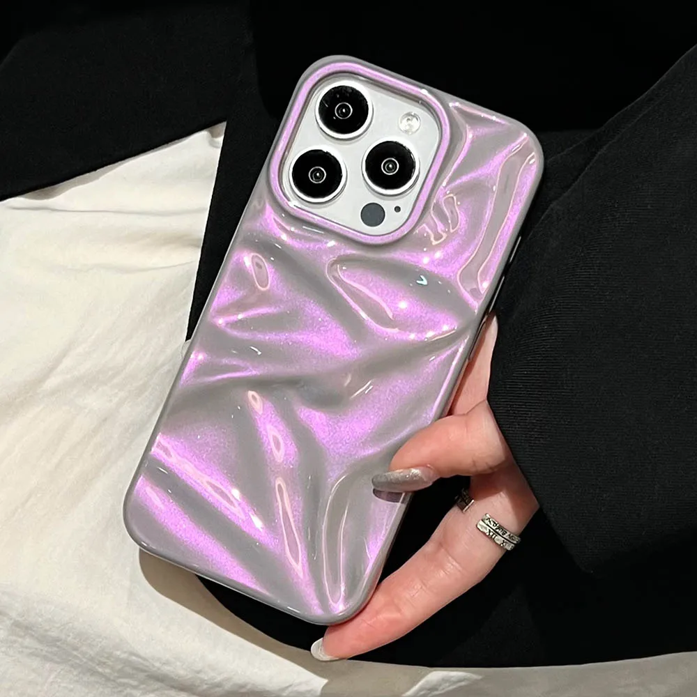 Colorful Purple Pink Glossy Wrinkled Phone Case For iPhone 16 15 14 Plus 13 12 Pro Max 11 Solid Color Soft Shockproof Back Cover