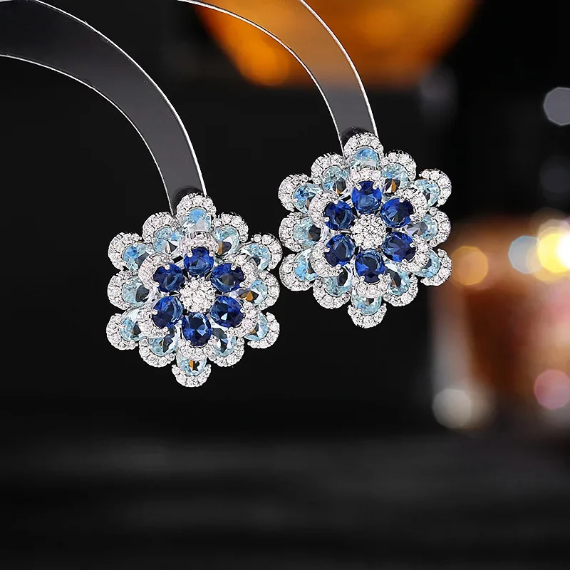 

Frozen Inspiration Trio Tiered Multi Petal Lake and Dark Blue Flower Stud Earrings 3D Jewelry