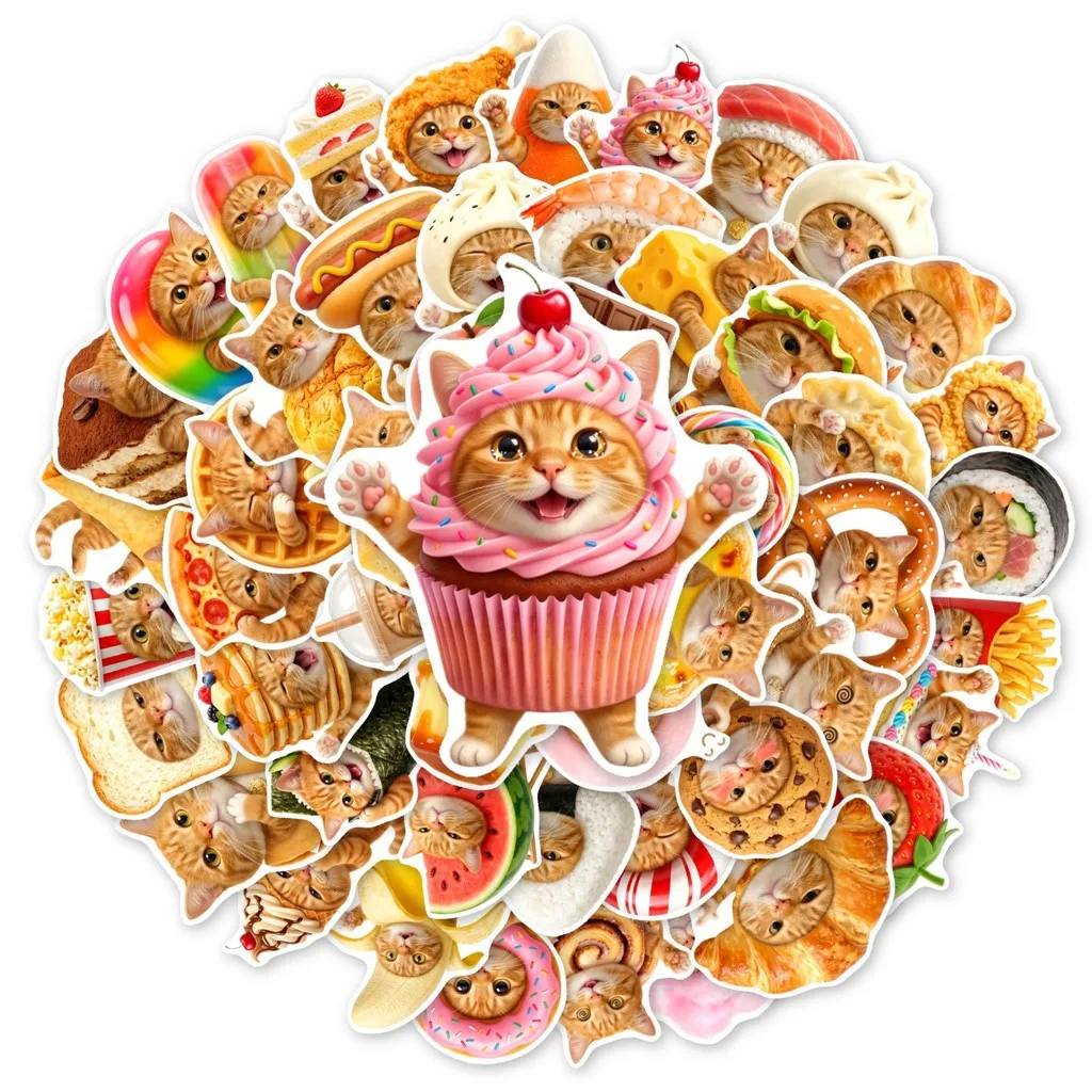 50Pcs Non‑Repeating Food Cat Stickers, Cute Orange Cat With Burger Dessert Cartoon Decals for Water Bottle Luggage DIY Aesthetic