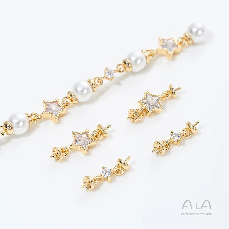 Strong Color 14K Gold-coated Zircon Pentagram Double-headed Bead Holder Connector DIY Handmade Sticky Pearl Jewelry Accessories