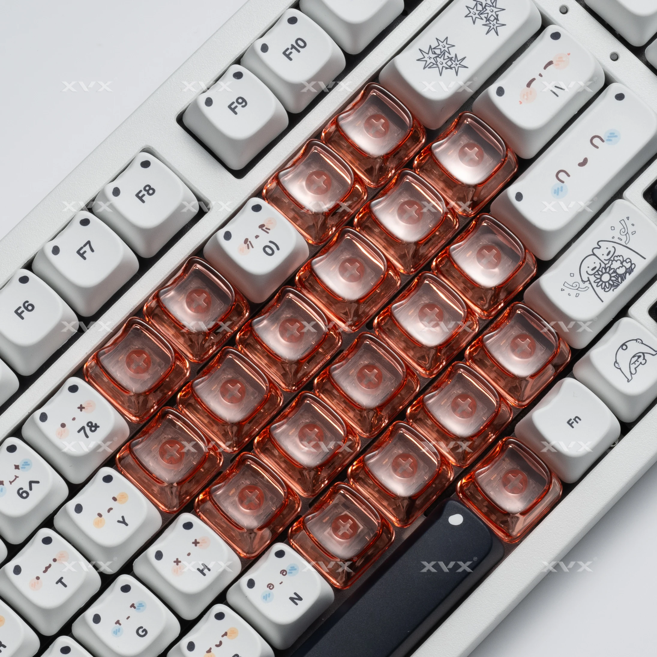 XVX Transparente Katzenkopf-Tastenkappe, PC-Cathead-Tastenkappen für mechanische Gaming-Tastatur, MX-Schalter, Licht durch rosa, weiß, rotes Herz