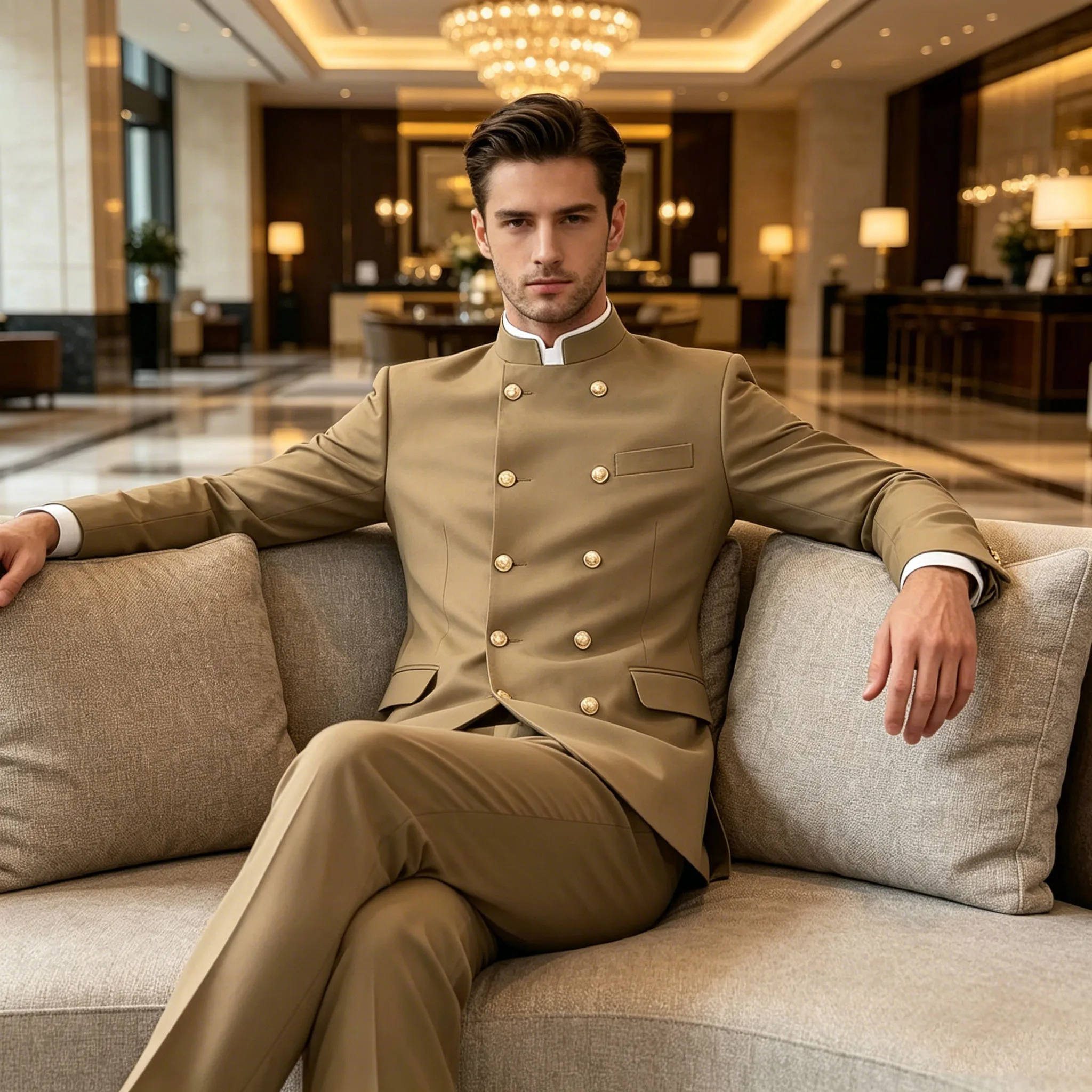 Men's Chinese Style Suit Solid Color Double Breasted Mandarin Collar 2 Piece Set Gold Button Formal Business Wedding Blazer Pant image 4