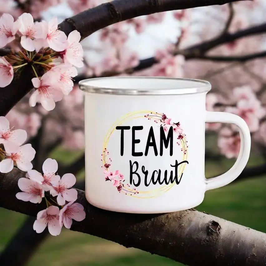 

Team Bride Print Enamel Mug Bachelorette Shower Party Coffee Wine Cup Creative Maid of Honor Handle Mugs Wedding Bridesmaid Gift