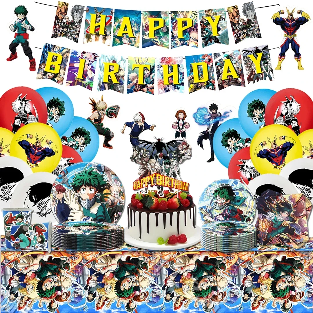 僕のヒーローアカデミアの漫画の誕生日パーティーの食器,使い捨てのバナー,ケーキ,旗,風船の背景,装飾