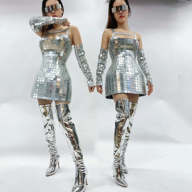 

Silver Mirror Clothing Technical Silver Tube Top Skirt Dance Outfit Bar Nightclub DJ Gogo Costume Stage Performance Dresses
