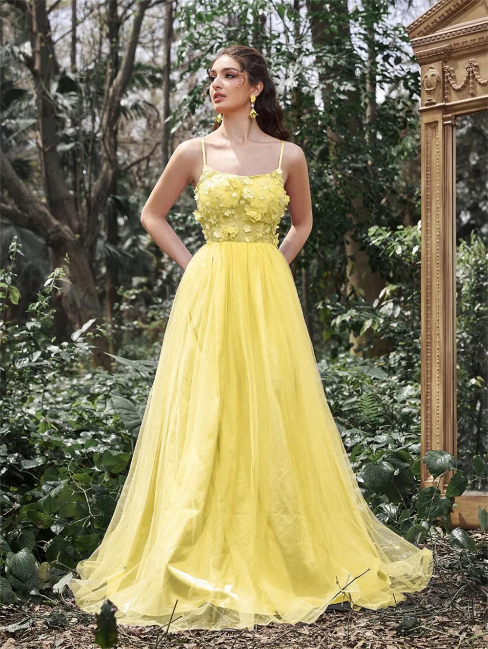 Annie Sweetheart Yellow Prom Dresses 3D Applique Glitter Tulle Evening Dresses Ladies Formal Wedding Party Dress فساتين سهرة