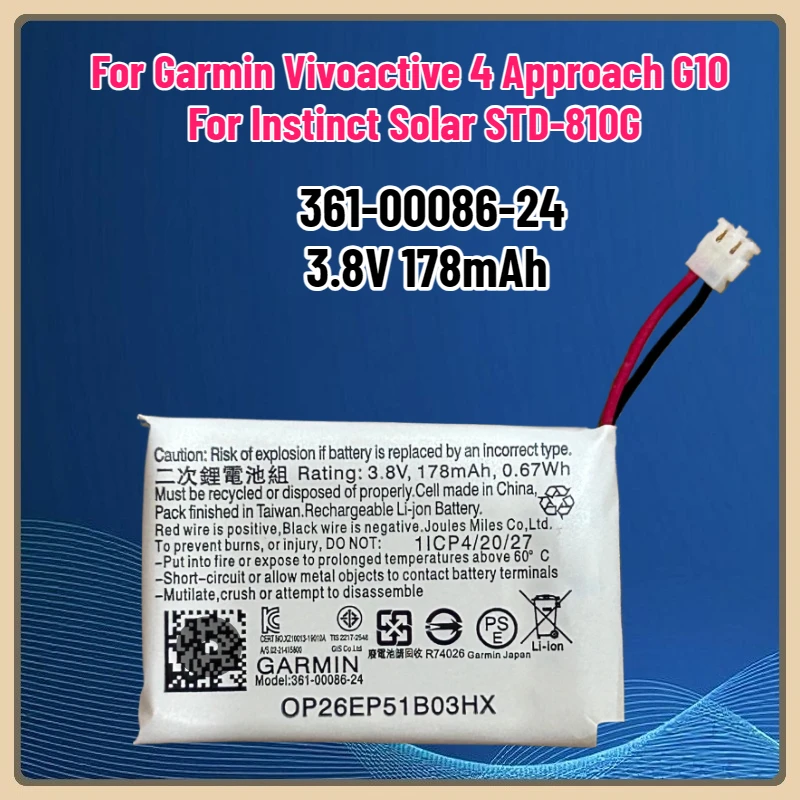 

3.8V 178mAh 361-00086-24 Battery for Garmin Vivoactive 4 Approach G10 Smart Watch Battey for Instinct Solar STD-810G
