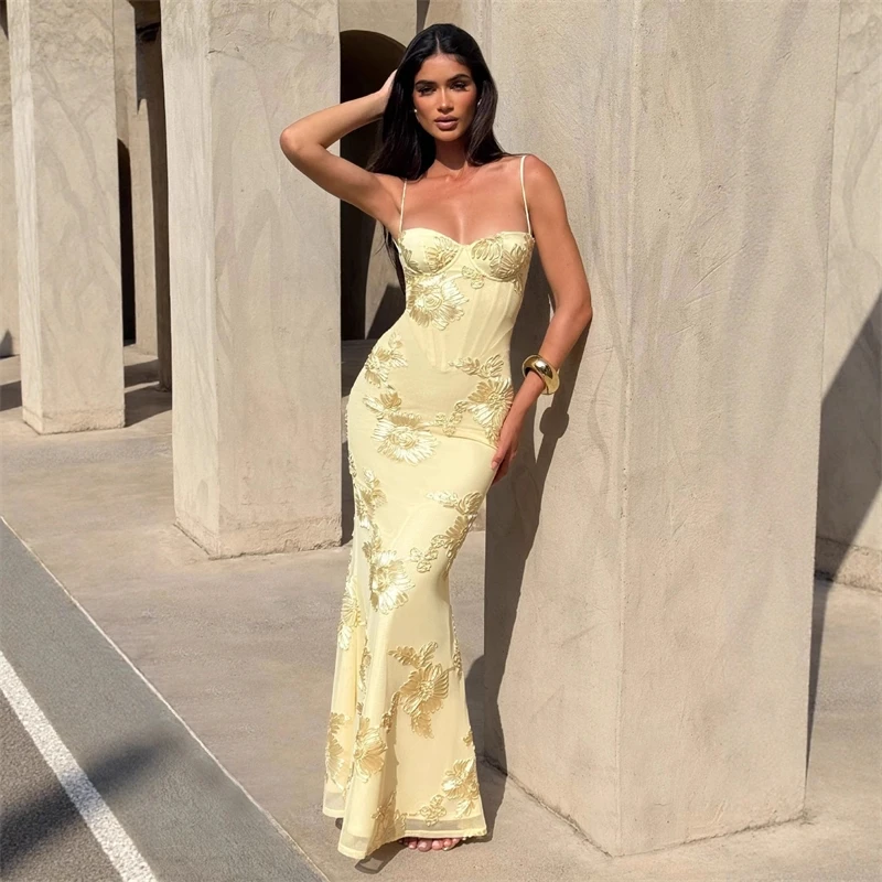 Floral Evening Gown Premium Gala Spaghetti Strap Fitted French Backless Solid Long Dress For Women Wedding Guest Party Elegant - view 4
