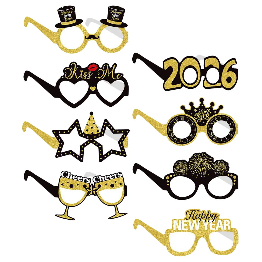 8 قطعة 2026 عدد النظارات ورقة النظارات الإطار سنة جديدة سعيدة ليلة نظارات 2026 السنة الجديدة النظارات كابينة تصوير الدعائم
