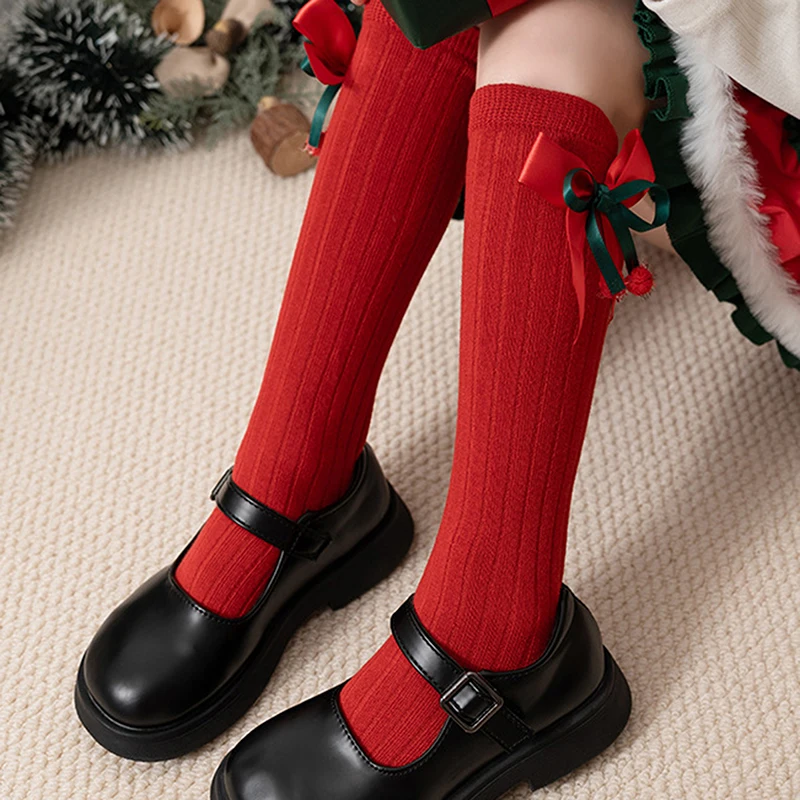 어린이용 크리스마스 양말, 귀여운 나비 매듭, 드레시 니트, 미드 송아지 양말, 어린이 용수철, 가을 공주 양말