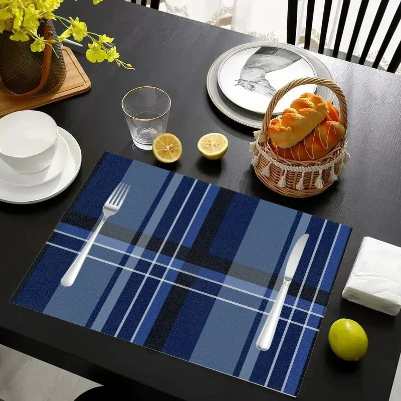 VIKAMA Christmas Placemat Orange Cream Light Blue Plaid, Waterproof Oil-Proof Heat-Resistant Dining Table Mat for Holiday