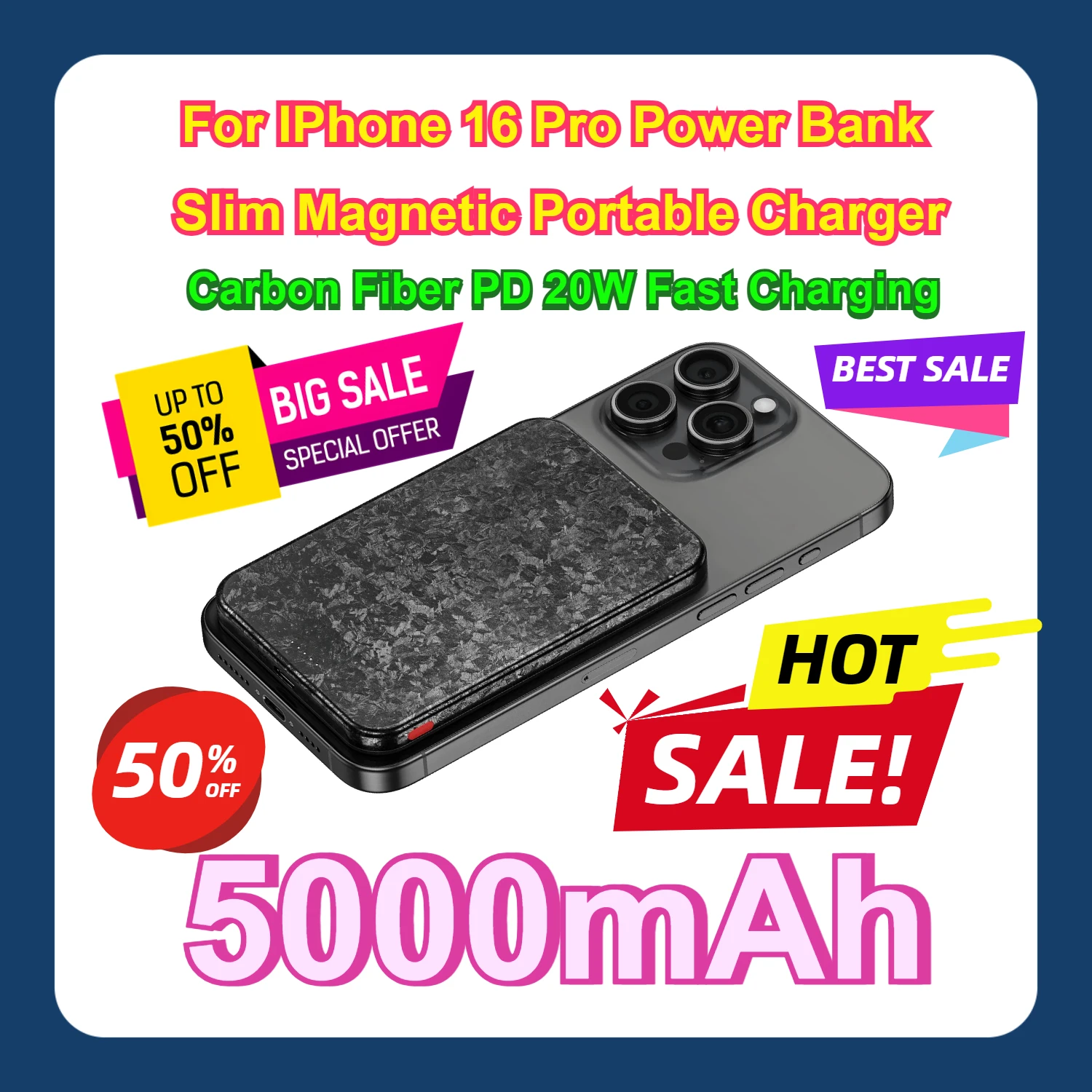 

For IPhone 16 Pro Power Bank Slim Magnetic Portable Charger 5000mAh Carbon Fiber PD 20W Fast Charging