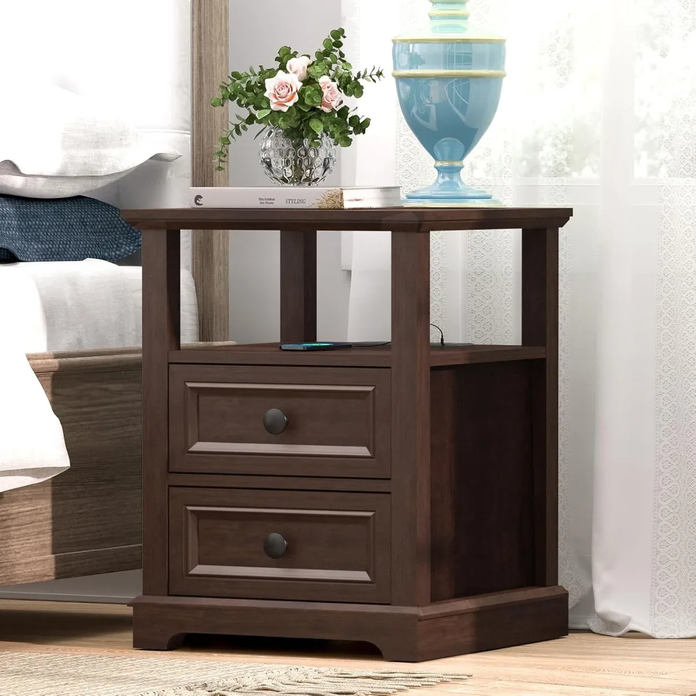 

Double 18W Fast Charge End Table, Tall End Table with Charging StationLarge Bedside Table with Drawers Open Shelf for Bedroom