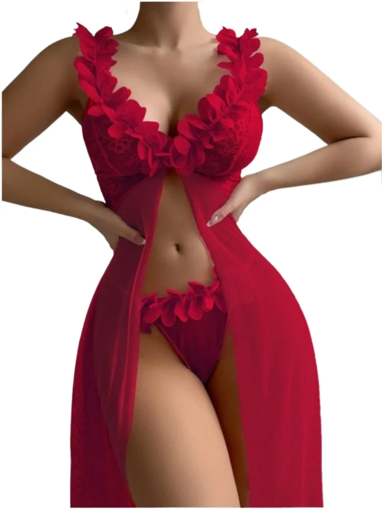 Sexy Lingerie Sexy Women Flower Front Open Mesh Suspender Long Skirt Set Women's Pajamas Dress Suspender Nightgowns Home Wear