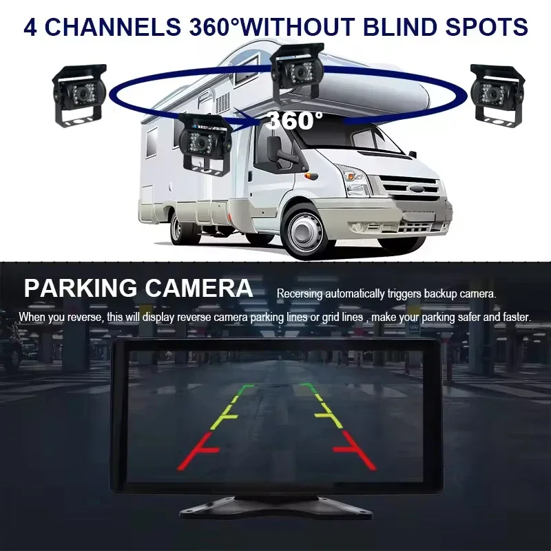 10,36-дюймовый 4-канальный автомобильный видеорегистратор с разделенным экраном, монитор AHD, камера заднего вида для переднего и заднего ночного видения для грузовика, коммерческого человека
