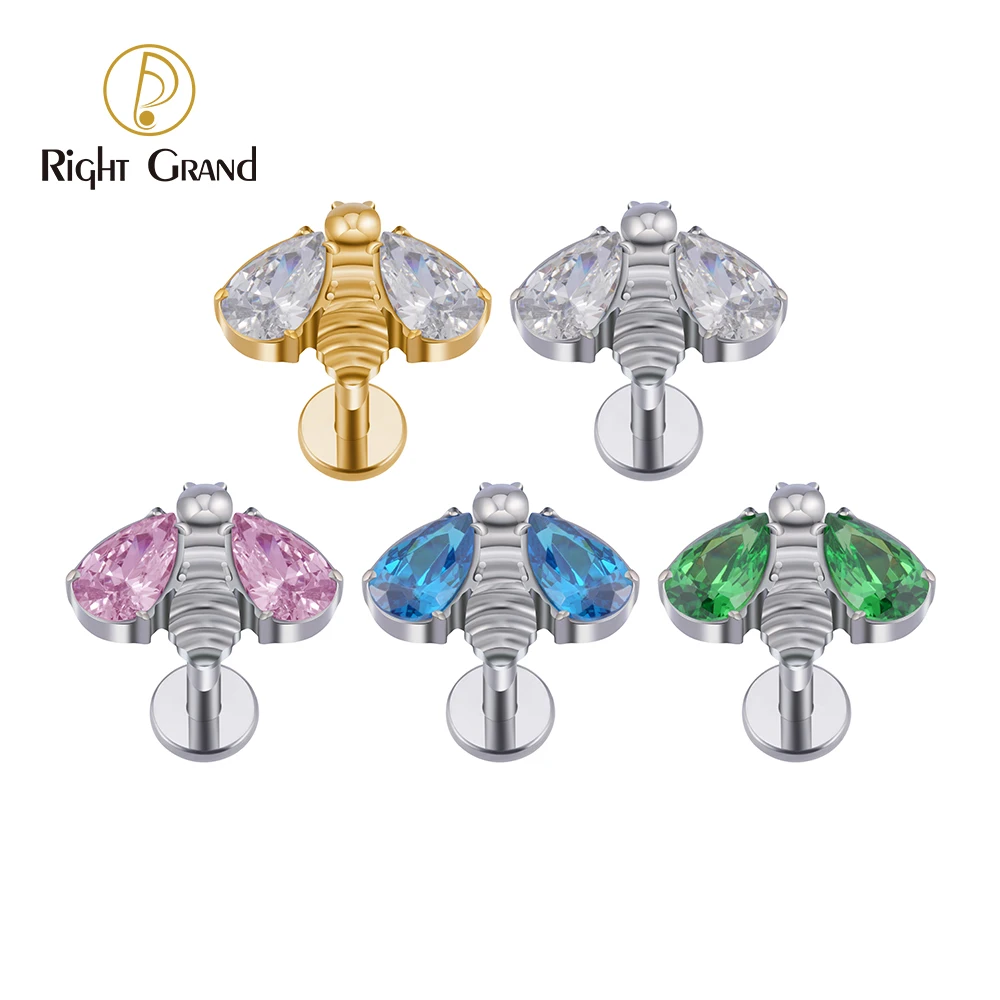 Right Grand ASTM F136 Titânio Inseto Abelha com CZ Asas Labret Cartilagem Flat Back Brinco Hélice Tragus Concha Perforación