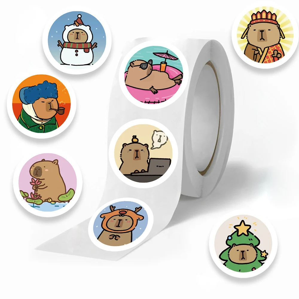 500PCS Kawaii Cartoon Animal Capybara Stickers Roll Cute Decals Envelope encourage Praise Reward Student Work Sealing Label Toy