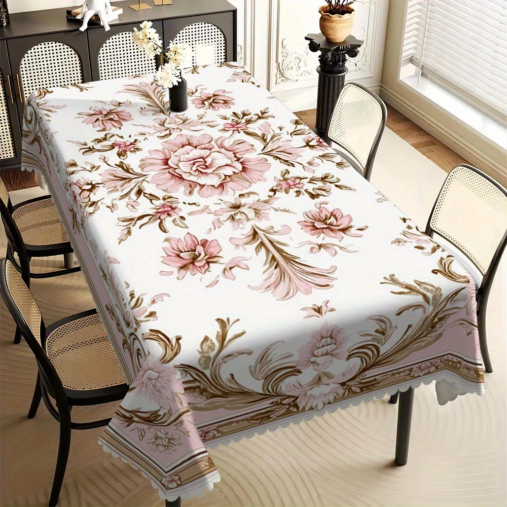 1pc Elegant European-Style Pink Floral Rectangular Tablecloth with Fan-Shaped Edges - for Home Dining, Kitchen, Party Decor