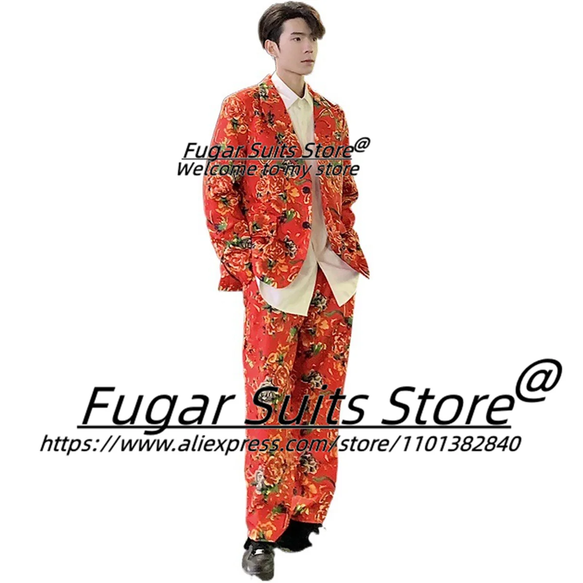 China Fashion Red Jubilant Men Suits Slim Fit Peak Lapel Tailor Made Groom Prom Tuxedos 2 Pieces Sets terno masculinos completo