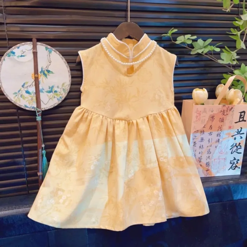 Sleeveless Modified Cheongsam Dress, New Summer Product for Girls, New Chinese Style, Fashionable Stand Collar Jacquard Long Dre