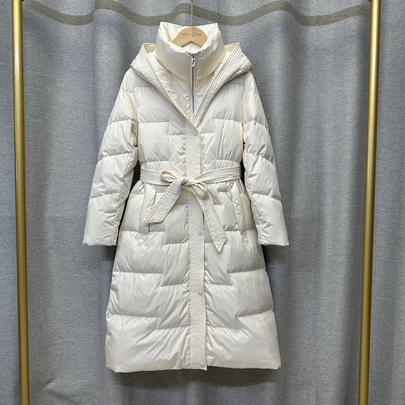 Fitaylor Winter Women White Duck Down Coat Casual Lady Hooded Zipper Long Outwear Thick Warm Solid Coat with Belt