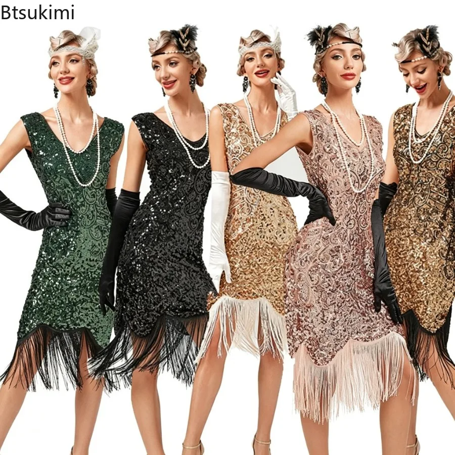 Women 1920s Vintage Flapper Fashion Sequin Fringed Sleeveless V Neck Dresses Bodycon Slim Cocktail Wedding Formal Party Costumes