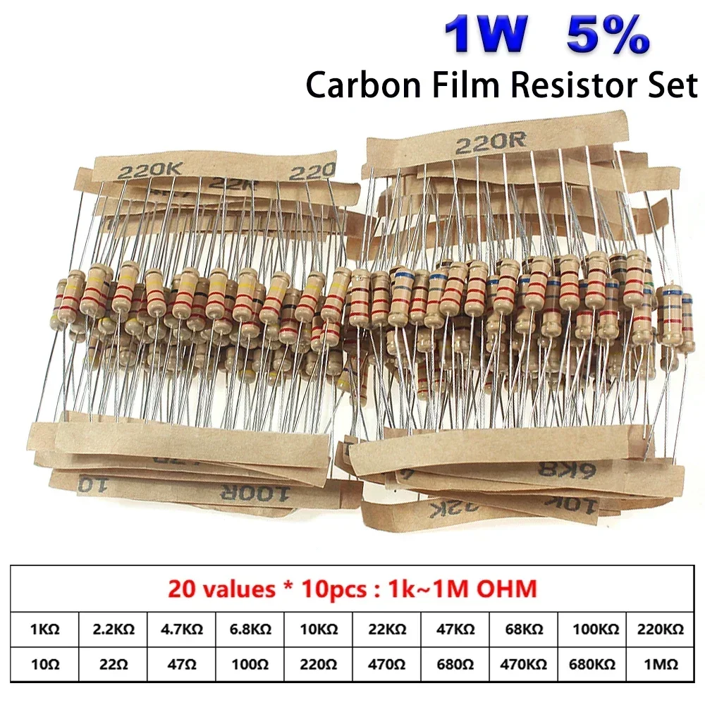 200 teile/satz 10R-1M Ohm 1W Carbon Film Widerstand Set 5% Toleranz 20 Werte Farbe Ring Widerstand DIY elektronische Komponenten Kit