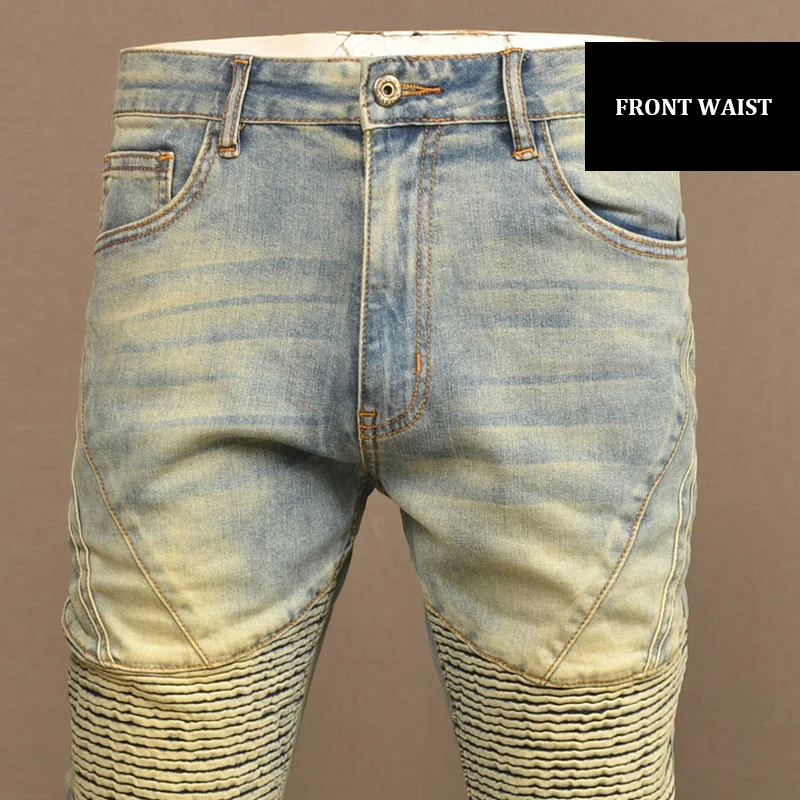 Street Fashion Men Jeans Retro Washed Blue Stretch Slim Fit Spliced Designer Biker Jeans Men Patched Hip Hop Denim Pants Hombre