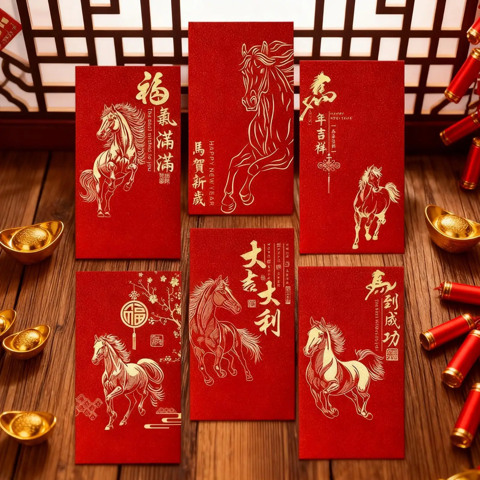 المظاريف الصينية الحمراء 6 قطع جيب نمط الحصان 2026 نمط سحابة ميمونة السنة الجديدة المغلفات الحمراء للبنين بنات البالغين