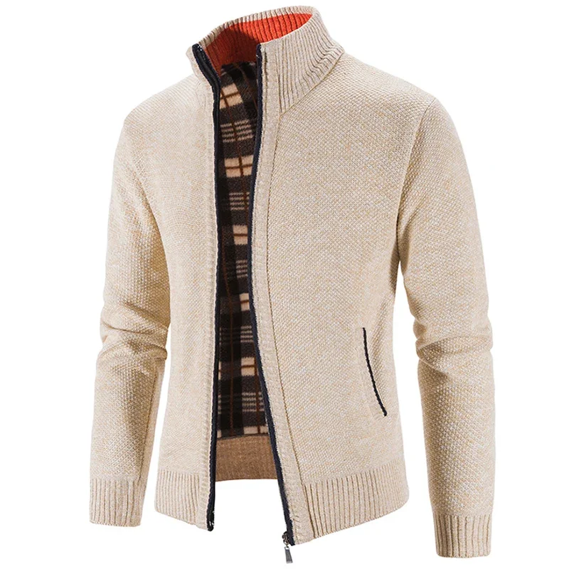 Fashion Men\'s Knitted Cardigan Winter Fleece Coat Solid Color Stand Collar Winter Warm Sweater Jacket 4XL 8 Colors