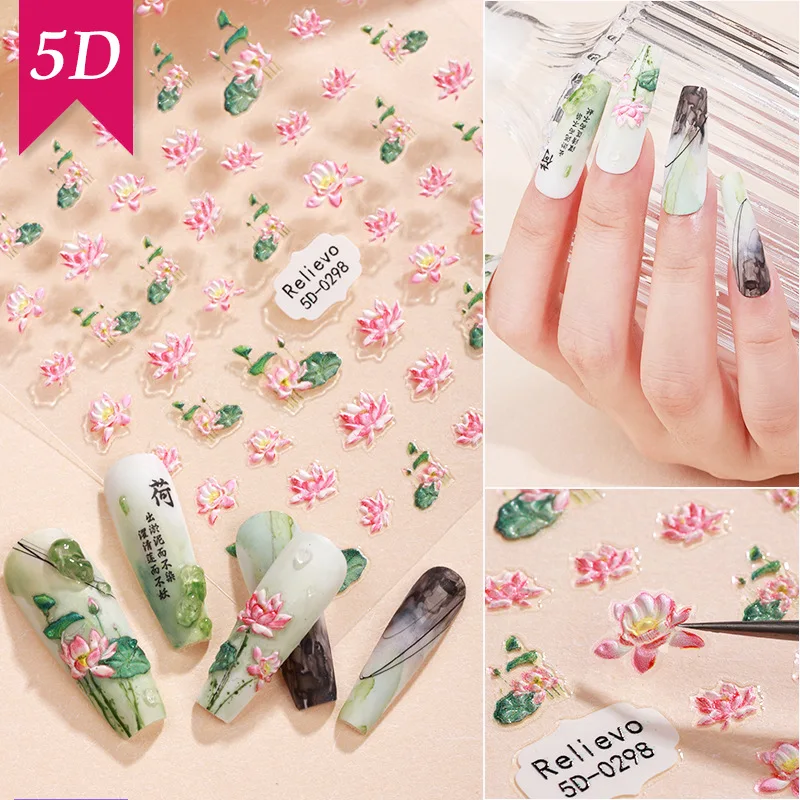 5D Relief Glitter Flowers Nail Stickers Water Nail Decal Leaf Tree Green Simple Summer Slider For Manicuring Nail Art Decoration