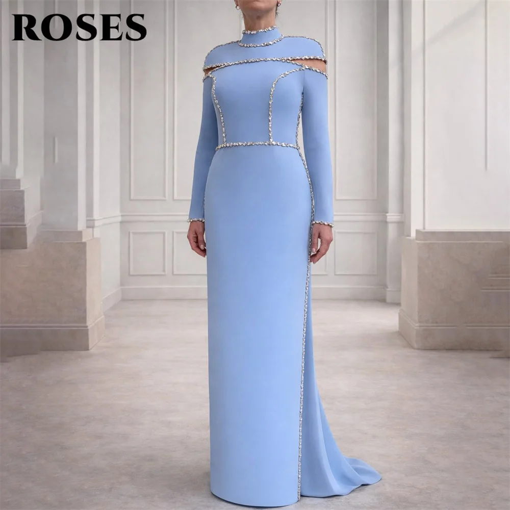 

ROSES Sky Blue High Neck Party Dress with Cold Shoulder Cutouts Evening Dress Crystal Trim فساتين السهرة Customized