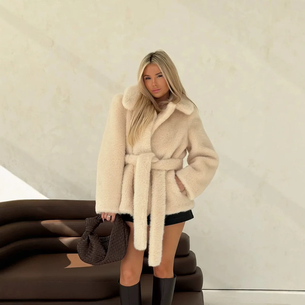 Women Faux Fur Mid Length Coats Jackets Turn Down Collar Coat Thick Warm Y2k Streetwear Jacket Elegant Lace Up Autumn Winter