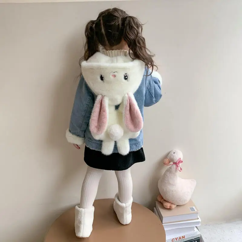 

Girls' Cartoon Hooded Cartoon Denim Jacket 2025 Autumn Winter New Korean Kawaii Anime Coat Children's Fashion Sweet Clothing