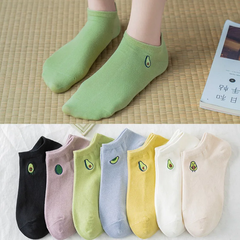 2022 Womens Cartoon Embroidery Boat Socks Green Avocado Cotton Socks Factory Wholesale Japanese Simple Cute 4Pair Socks EU 35-39