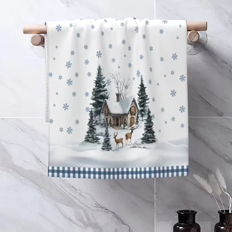 

Набор из 2-х универсальных кухонных полотенец с принтом: Рождественские олени и ели, для простой уборки, губки для мытья посуды, тряпки для кухни