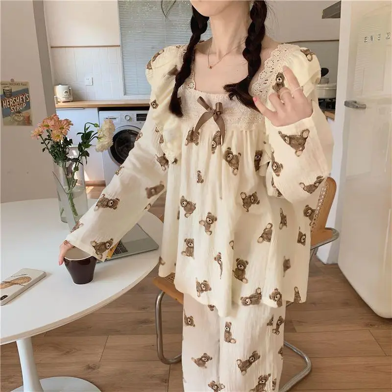 Cute Autumn Bear Bow Long Sleeve Long Pants Pajamas Women New Winter 2024 Loungewear Set Women