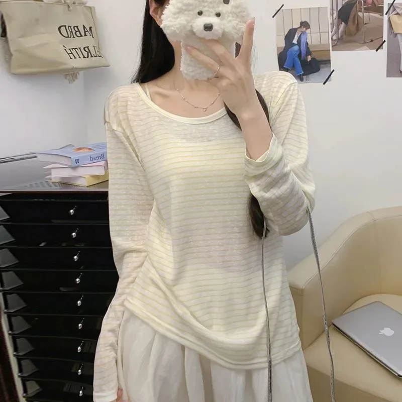 Women Lyocell Stripe Sun Protection Tops Loose Off Shoulder Long Sleeve T Shirt Korean Summer Sheer Blouse