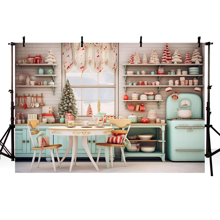 Mehofond Christmas Kitchen Backdrop Family Dinner Time Party Photography Props Wooden Cupboard Cookware Decor Photo Background