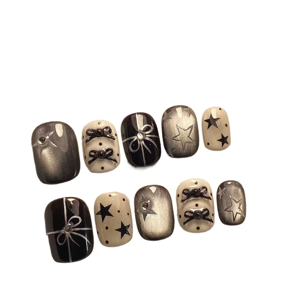 10 Pieces Autumn Winter Simple Black White Tone Cat Eye Stars Handmade Press On Nails Polka Dots 3D Black Bow Fake Nails Art