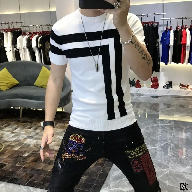 Summer Patchwork Ice Silk Knitted Shirt O-neck T-shirt Short Sleeve Tops Trend Men's Clothing Thin